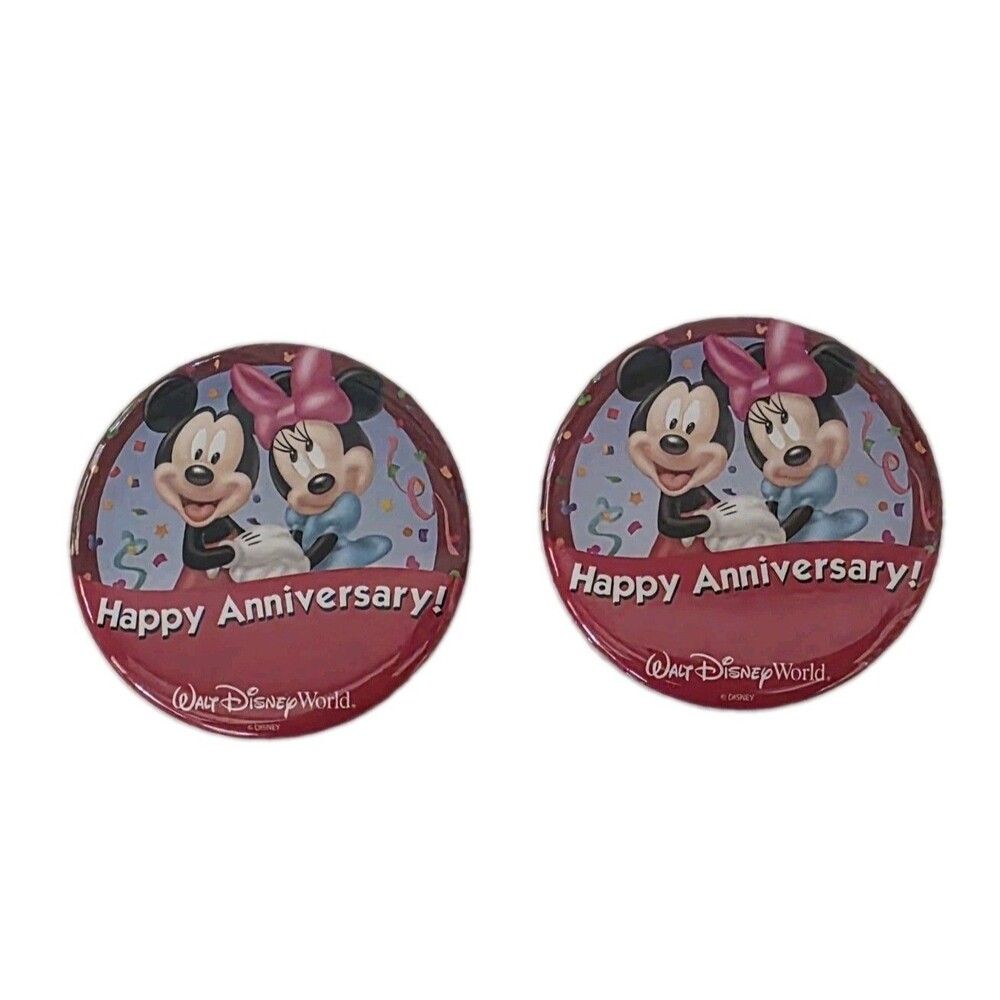 Walt Disney World Happy Anniversary Mickey & Minnie Mouse Button Pin Set Of 2